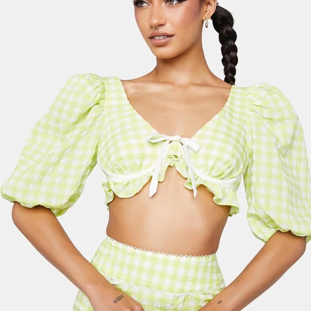 For Love and Lemons Lime Green Gingham Puff Sleeve Crop Top